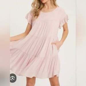 Bluivy Young Contemporary Pink Ruffle Sleeve Dress. Tiered. Size M. Gauzy.